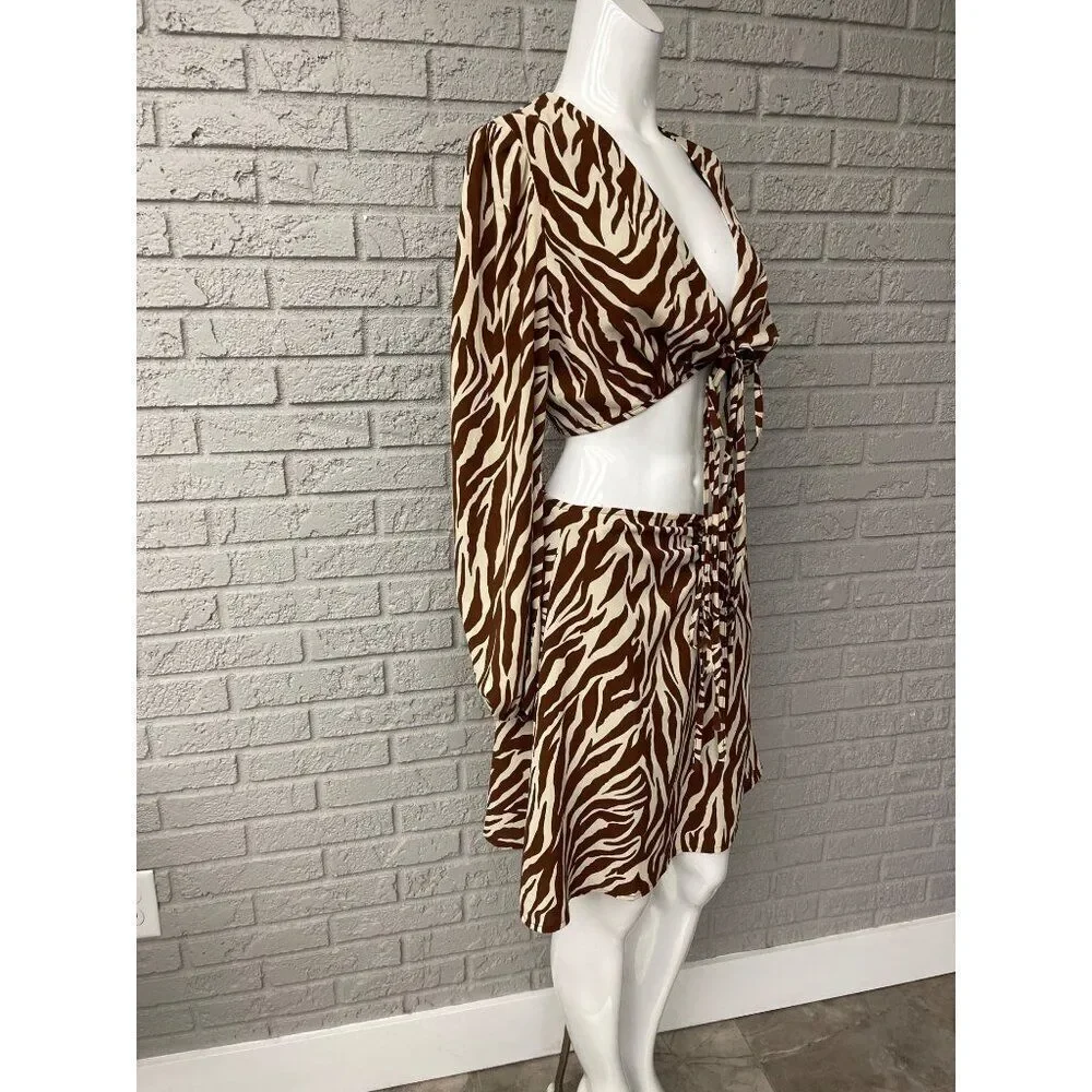 Style Rack Women's Brown / Cream Zebra Print 2 PCS Tie Top Skirt Set Size L NWT